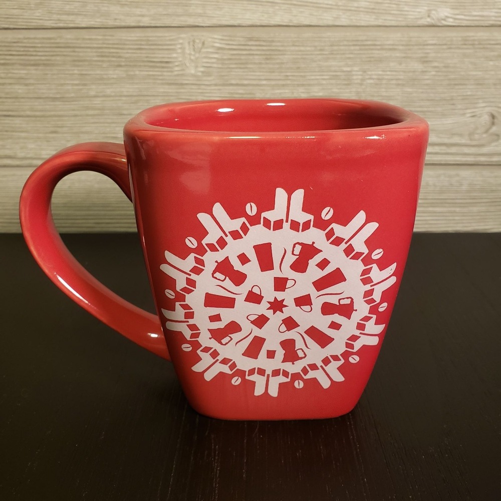 Starbucks Coffee Heavy Square Mug Cup Holiday 2004 Red Snowflake Christmas